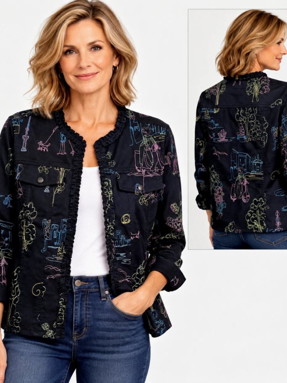 Coldwater Creek Black Embroidered Twill Jacket M Ruffle Art-to-Wear Boho 90s